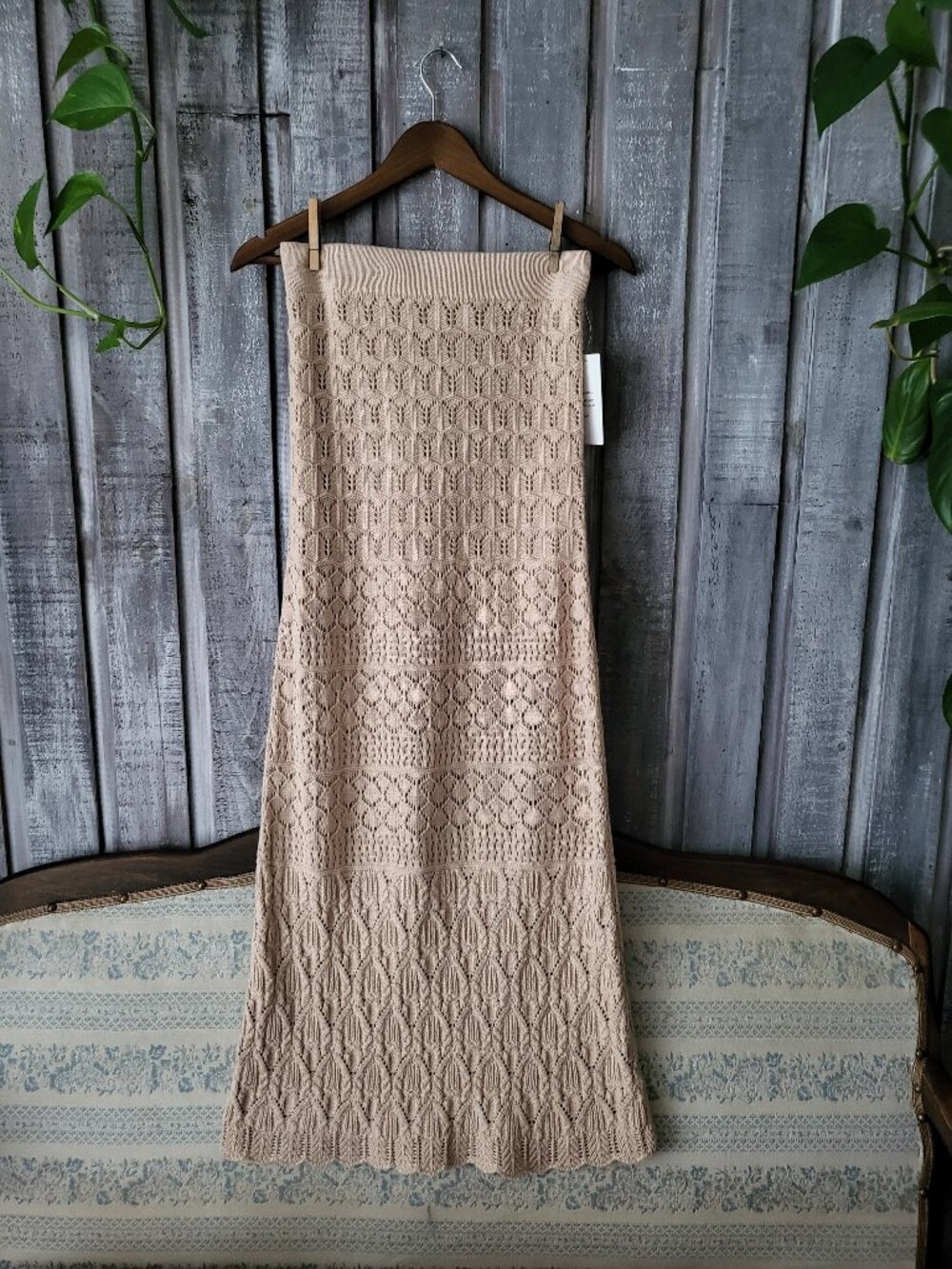 Beige Pointelle Crochet Knit Maxi Skirt Small NWT